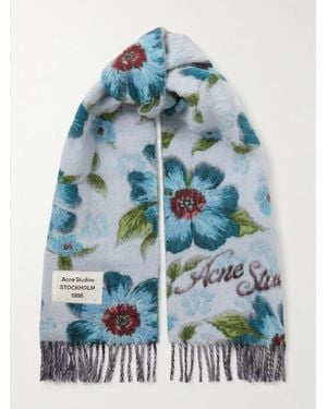 Acne Studios Fringed Appliquéd Floral-Print Brushed Wool-Blend Scarf - Blue