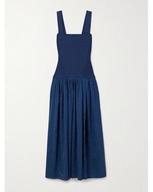 La Ligne Stretch-Knit And Gathered Linen-Blend Midi Dress - Blue