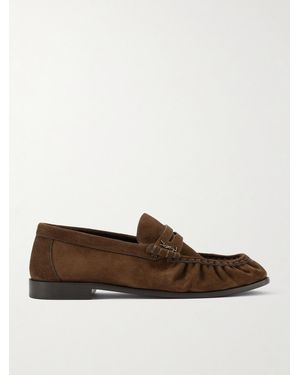 Saint Laurent Le Loafer Cassandre-Embellished Suede Loafers - Brown