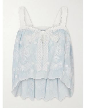 Miguelina Kaila Cropped Asymmetric Bow-Detailed Embroidered Silk-Blend Voile Top - Blanc