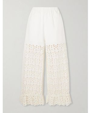 Sea Leila Broderie Anglaise-Trimmed Cotton And Linen-Blend Wide-Leg Pants - White
