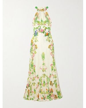 Saloni Michelle Floral-Print Hammered-Silk Halterneck Gown - Metallic