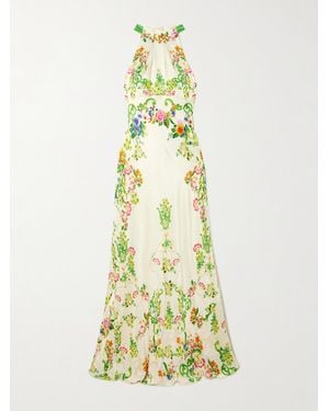 Saloni Michelle Floral-Print Hammered-Silk Halterneck Gown - Metallic