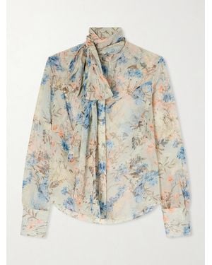 McQueen Pussy-Bow Floral-Print Silk-Chiffon Blouse - White