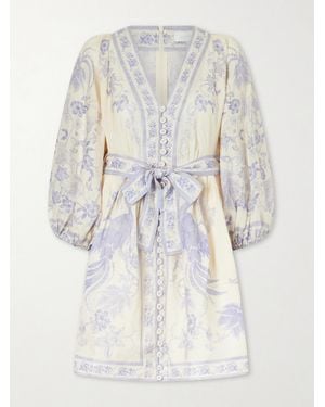 Zimmermann Indra Belted Floral-Print Linen Mini Dress - White