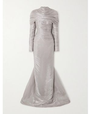 Marmar Halim Cape-Effect Metallic Plissé-Chiffon Gown - Gray