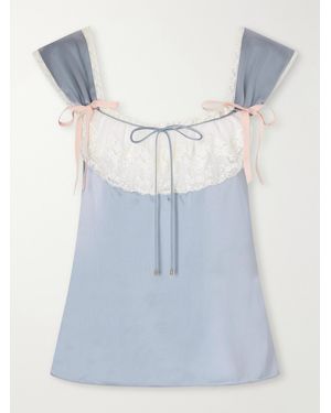 Chloé Bow-Detailed Lace-Trimmed Silk-Satin Cami - Blue
