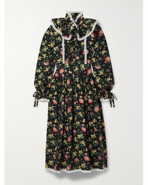 BATSHEVA Laura Ashley Devon Pintucked Floral-Print Cotton-Poplin Midi Dress - Black