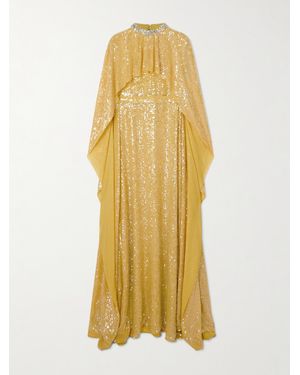 Erdem Cape-Effect Crystal-Embellished Sequined Crepe De Chine Gown - Yellow