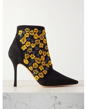 Manolo Blahnik Botiye 105 Embroidered Silk Crepe De Chine Ankle Boots - Black