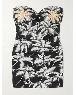 Johanna Ortiz Sombra Tropical Strapless Embellished Printed Cotton-Blend Mini Dress - Grey