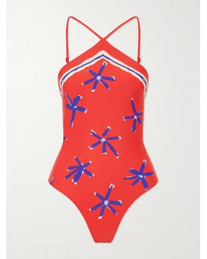 STAUD Cadence Printed Halterneck One-Piece - Red