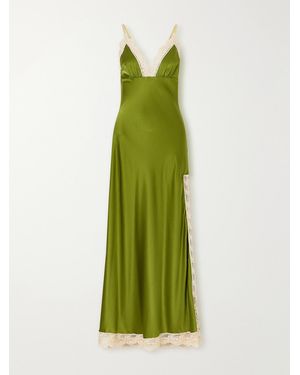 Miguelina Bead-Embellished Crochet-Trimmed Silk-Blend Satin Maxi Dress - Green
