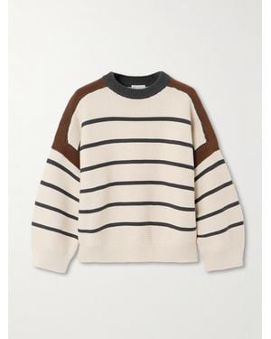 Brunello Cucinelli Pullover Aus Baumwolle Mit Streifen Und Zierperlen - Natur