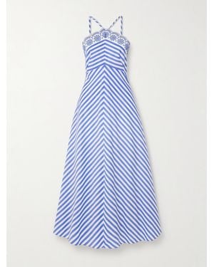 Loretta Caponi Castiglione Striped Broderie Anglaise-Trimmed Cotton-Poplin Midi Dress - Blue
