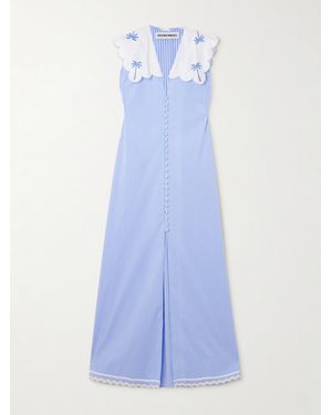 Christiano Marchelli Isabella Embroidered Silk Dupioni-Trimmed Striped Cotton-Poplin Maxi Dress - Blue