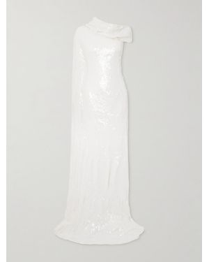Marmar Halim One-Shoulder Cape-Effect Draped Sequined Silk-Blend Gown - White