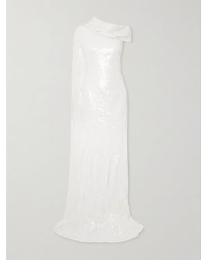 Marmar Halim Robe Du Soir Asymétrique Effet Cape En Soie Mélangée À Sequins Et À Drapé - Blanc