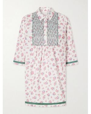 Loretta Caponi Alassio Shirred Embroidered Floral-Print Cotton-Poplin Mini Dress - Multicolor
