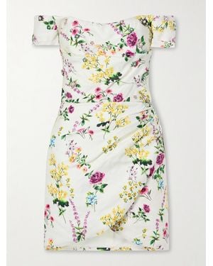Costarellos Diletta Off-The-Shoulder Embellished Ruched Cotton And Linen-Blend Twill Mini Dress - White