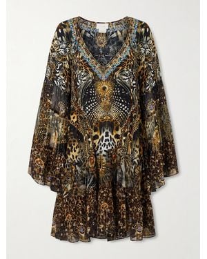 CAMILLA Minikleid Aus Crêpe De Chine Aus Seide Mit Animal-Print Und Verzierungen - Braun