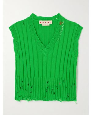 Marni Distressed Embroidered Ribbed-Knit Cotton Vest - Green