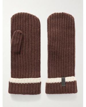 Brunello Cucinelli Bead-Embellished Striped Ribbed Cashmere Mittens - Brown