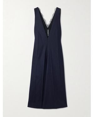 Carven Chantilly Lace-Trimmed Wool-Flannel And Crinkled-Satin Midi Dress - Blue