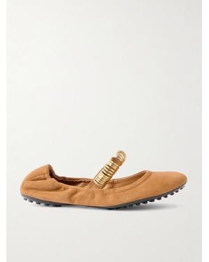 Tod's Ballerina Embellished Leather-Trimmed Suede Flats - Natural