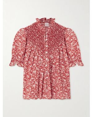 Loretta Caponi Milvia Embroidered Shirred Printed Lyocell Blouse