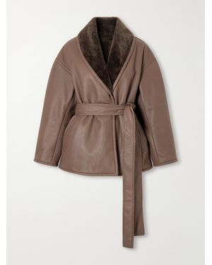 JOSEPH Manu Belted Shearling-Trimmed Leather Jacket - Brown