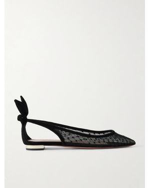 Aquazzura Bow Tie Suede-Trimmed Fishnet Pointed-Toe Ballet Flats - White