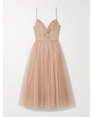 Monique Lhuillier Gathered Glittered Tulle Midi Dress - Natural