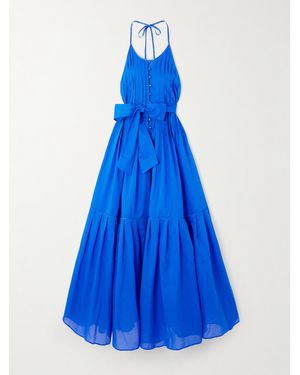 Loretta Caponi Patmos Belted Tiered Cotton-Poplin Halterneck Maxi Dress - Blue
