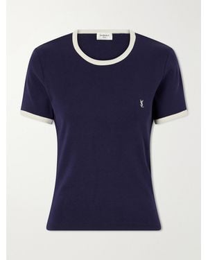 Saint Laurent Cassandre-Embroidered Cotton-Jersey T-Shirt - Blue