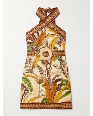 FARM Rio Belted Printed Linen Halterneck Mini Dress - Yellow