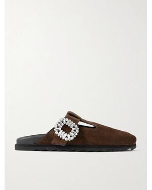 Roger Vivier Slidy Viv Crystal-Embellished Suede Slip-Ons - White