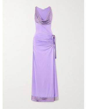 Rabanne Chainmail-Trimmed Ruched Satin-Jersey Maxi Dress - Purple