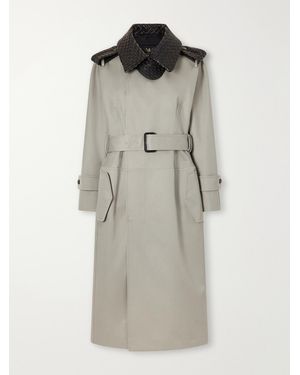 Bottega Veneta Belted Intrecciato Leather-Trimmed Cotton-Gabardine Coat - Grey
