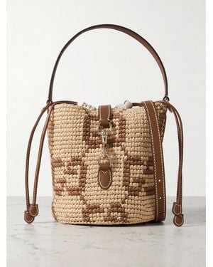 Gucci Mini Leather-Trimmed Raffia-Jacquard Bucket Bag - Natural