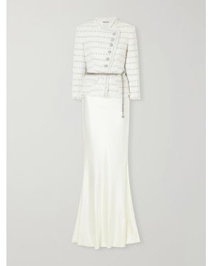 Self-Portrait Belted Satin And Bouclé Maxi Dress - White