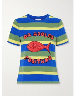 STAUD Da Adolfo Weekender Striped Printed Cotton-Blend T-Shirt - Blue