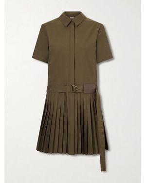 Loewe Belted Pleated Cotton-Blend Mini Shirt Dress - Green