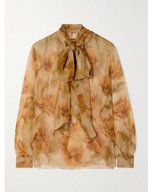 Saint Laurent Blouse En Mousseline De Soie À Imprimé Fleuri Et À Nœud Lavallière - Marron