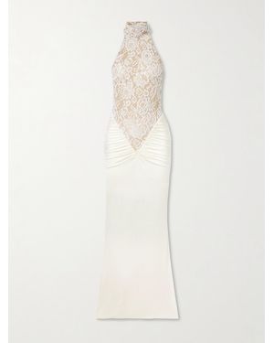 The New Arrivals Ilkyaz Ozel Cass Gathered Lace-Trimmed Satin-Jersey Halterneck Gown - White