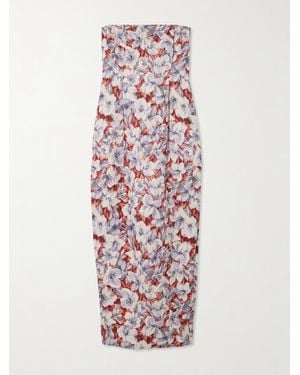 Posse Rosalie Trägerloses Midikleid Aus Leinen Mit Blumenprint Und Falten - Weiß