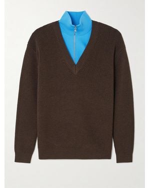 Tibi Layered Knit-Trimmed Ribbed Wool-Blend Half-Zip Sweater - Brown