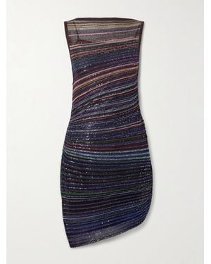 Missoni Asymmetrisches Minikleid Aus Gestreiftem Metallic-Häkelstrick Mit Pailletten - Blau