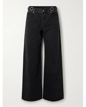 FRAME The O-Ring Stroll Embellished Leather-Trimmed High-Rise Wide-Leg Jeans - Black