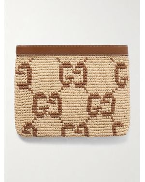 Gucci Clutch Aus Gehäkeltem Raffiabast Mit Lederbesätzen - Natur
